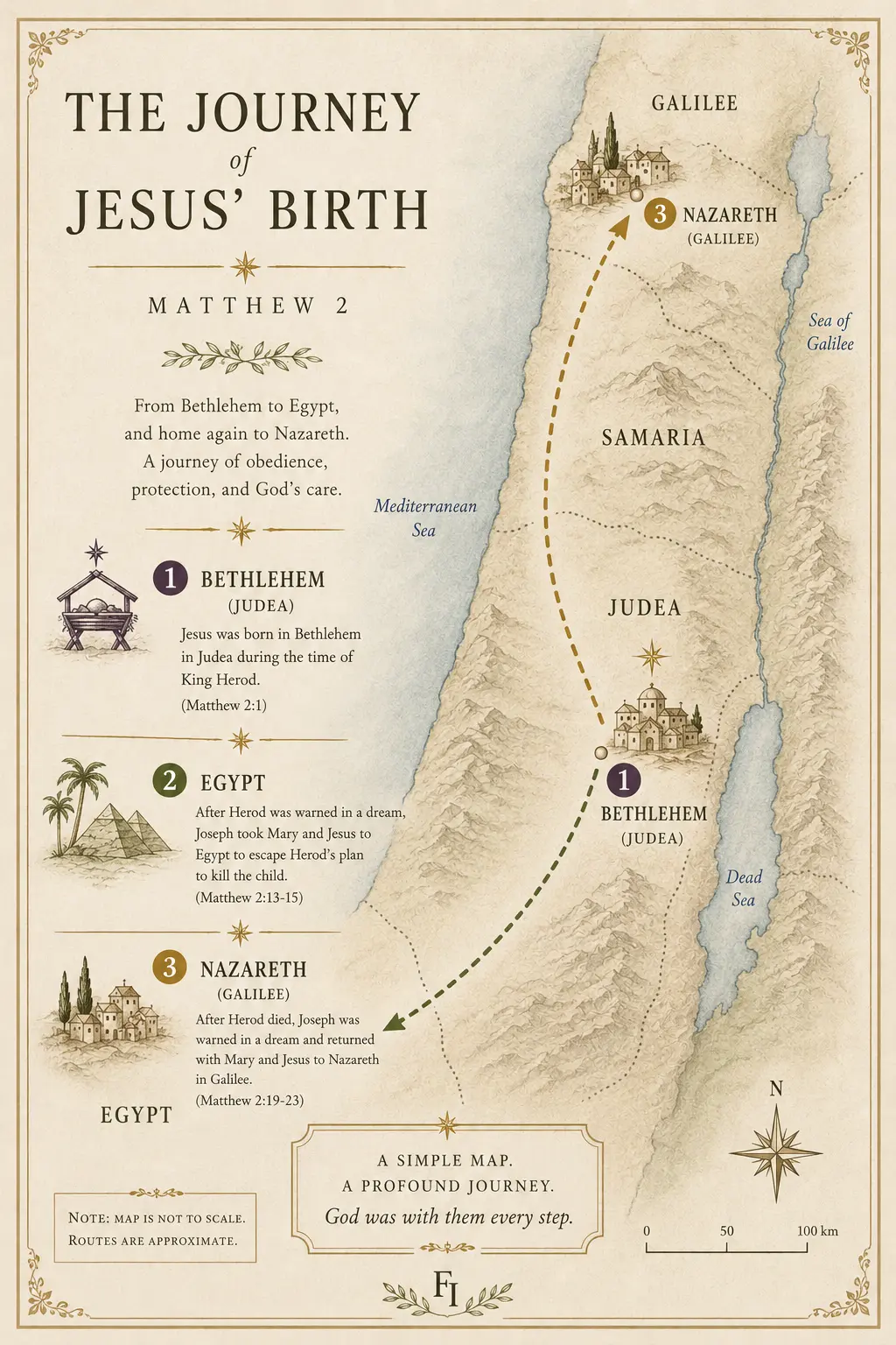 Map showing the journey from Bethlehem to Egypt and Nazareth